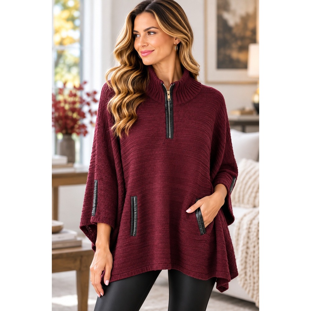 New York & Company Burgundy Quarter Zip Poncho Sweater Faux Leather Trim S/M